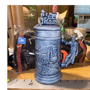 Train‎ Beer Stein Mug with Lid Locomotive Railroad Conductor Ceramic Blue